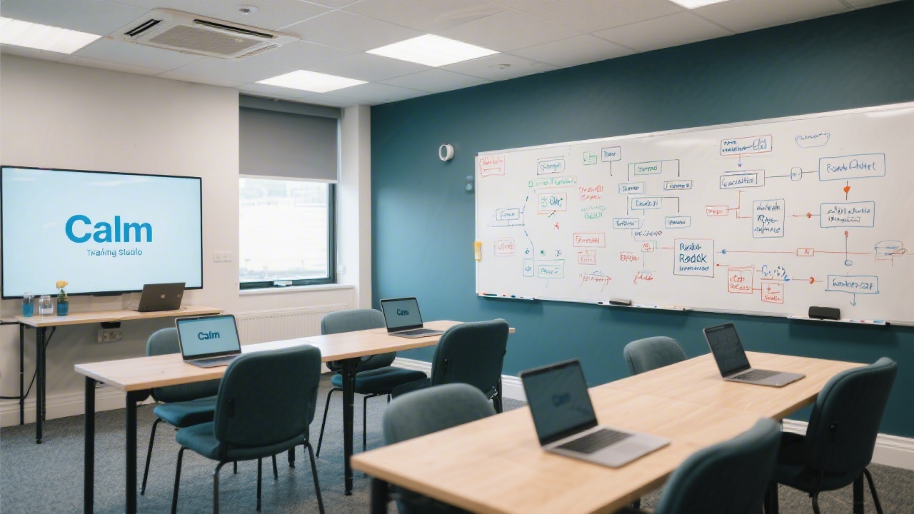 Calm training studio interior with tables, laptops, whiteboards filled with React component diagrams, and a professional atmosphere in a Dublin learning space.