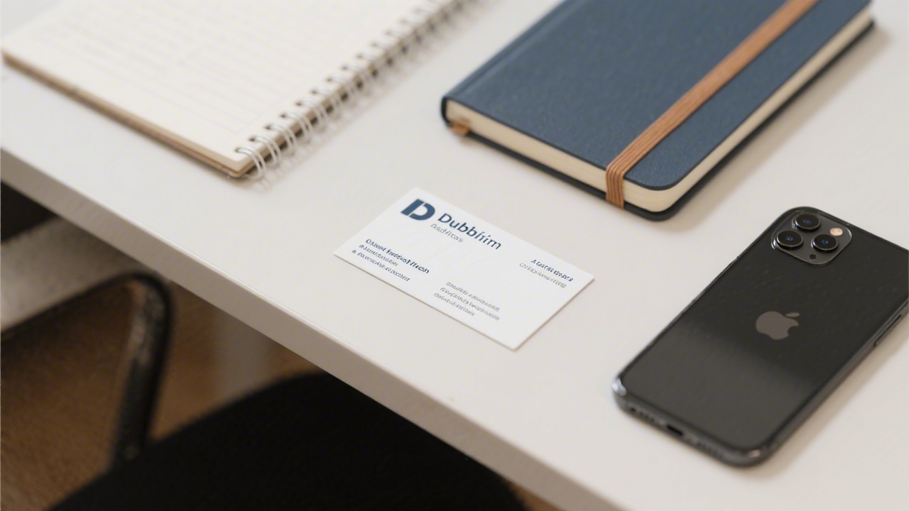 Desk scene with a printed address card for a Dublin office, a notebook, and a smartphone, representing clear communication channels.