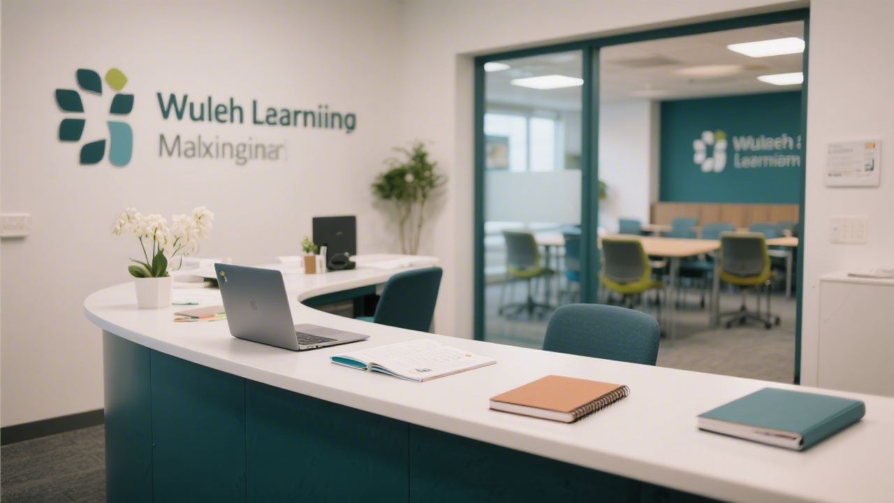 Professional reception desk with a laptop, notebooks, and a quiet Dublin learning space visible in the background, indicating a welcoming environment.