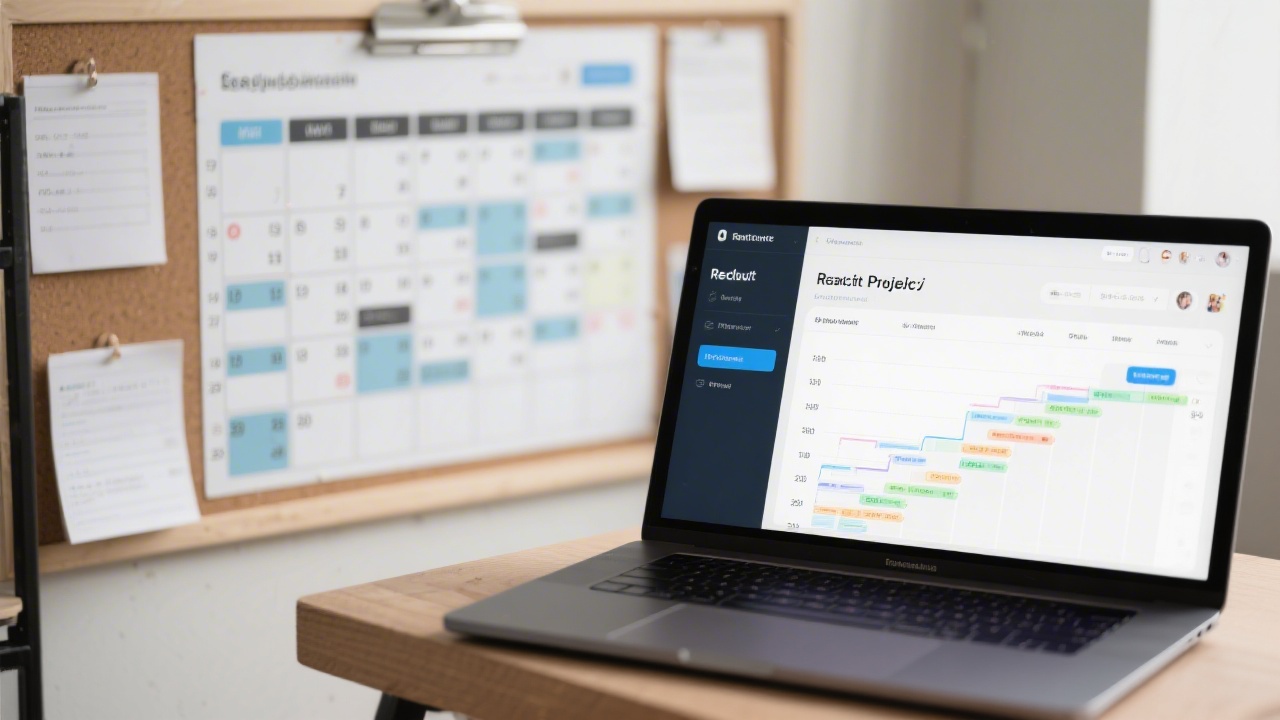 Calendar and planning board showing a structured learning schedule with milestone dates, combined with a laptop displaying a React project tracker.