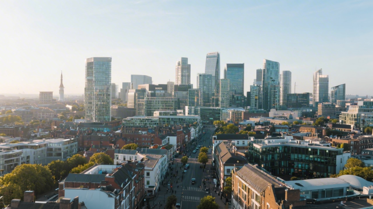 Wide view of Dublin skyline with modern office buildings, symbolizing the local tech environment and growth of software companies in Ireland.