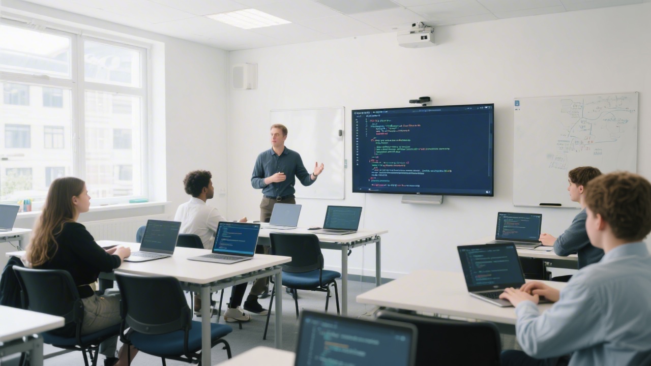 Bright modern classroom in Dublin with laptops open showing React code, a mentor explaining concepts on a screen, and students collaborating in a calm professional setting.