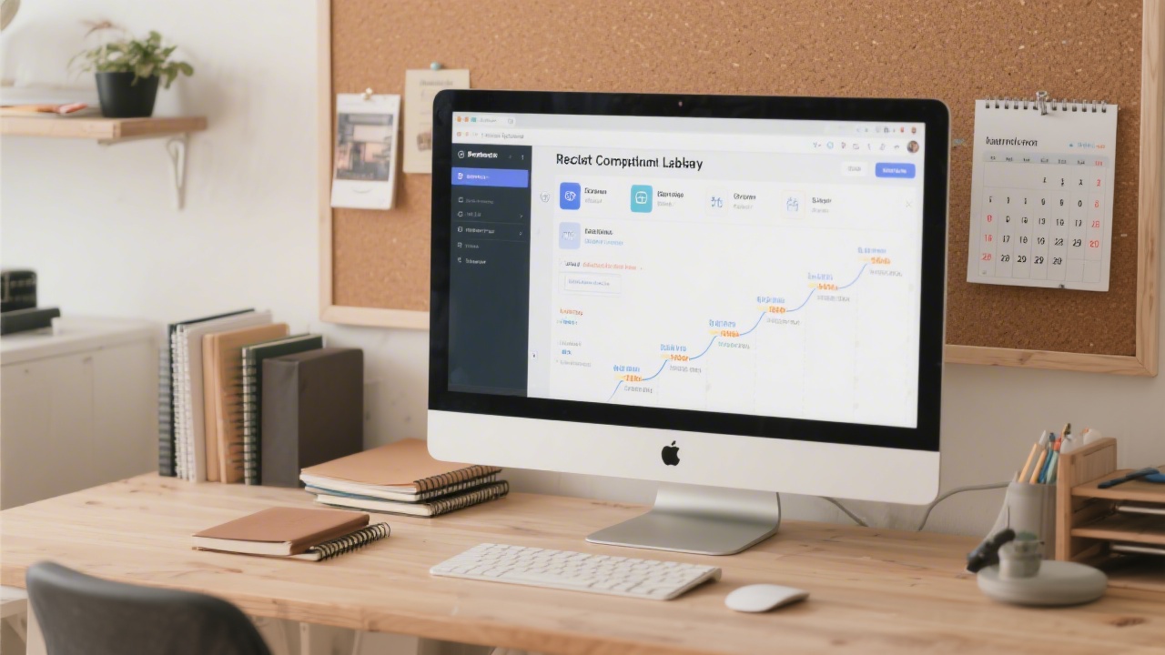 Tidy workspace with a large monitor showing a React component library, notebooks, and a calendar of learning milestones pinned on a corkboard.