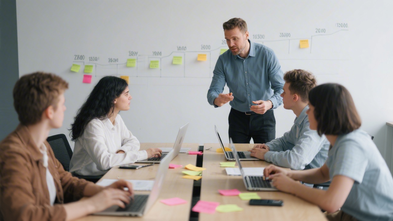 Small group of learners working together at a long table with laptops and sticky notes, discussing project milestones while a mentor provides guidance.