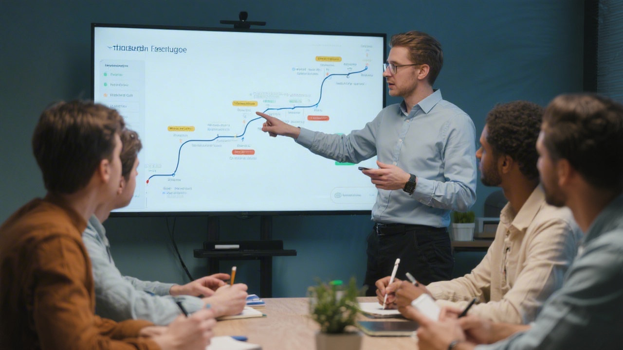 Instructor speaking with a small group of learners, pointing to a feature roadmap on a screen while participants take notes and compare project ideas.