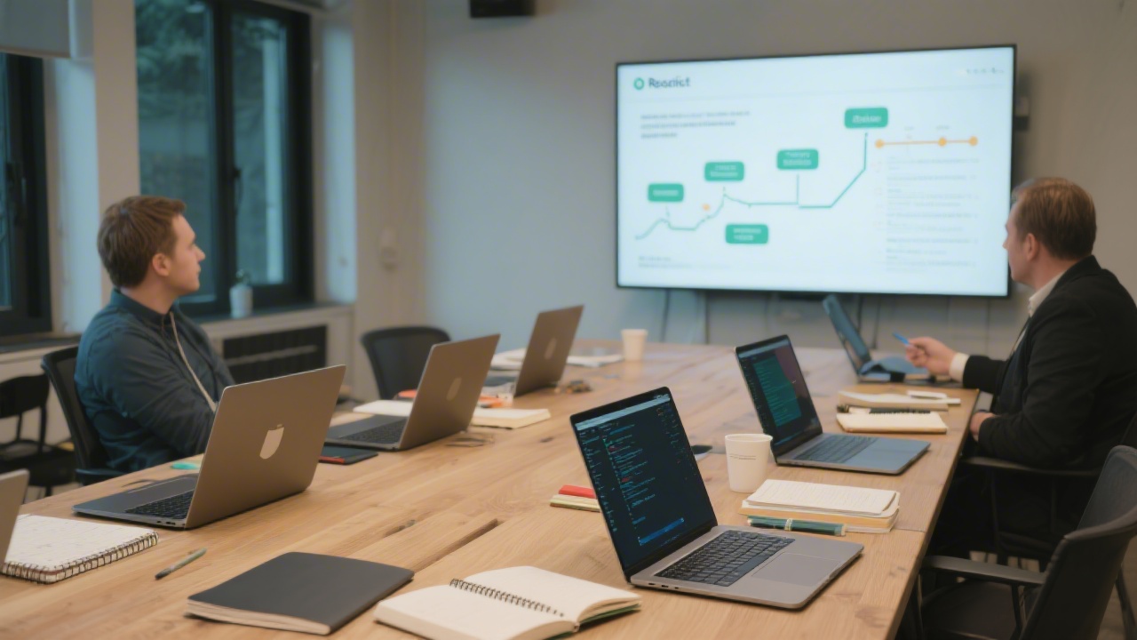 Wide view of a workshop table with laptops open to React projects, notebooks, and a shared screen showing a roadmap for a training module.