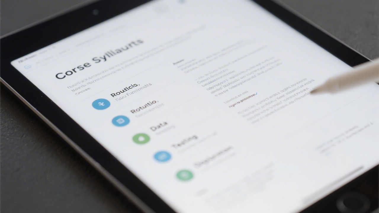 Close-up of a course syllabus page with modules for React fundamentals, routing, data, testing, and deployment, presented in a clean layout on a tablet.
