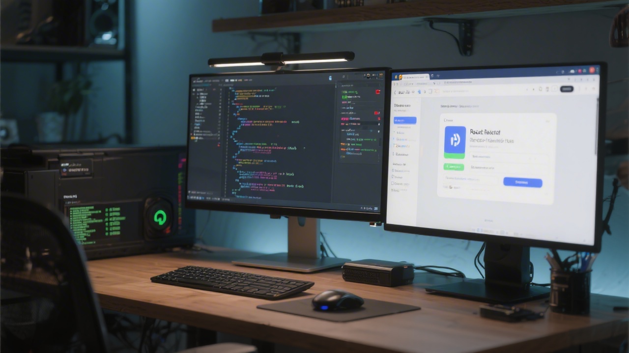 Developer workstation with a code editor open to React, a terminal running tests, and a browser preview of a modern web app interface.