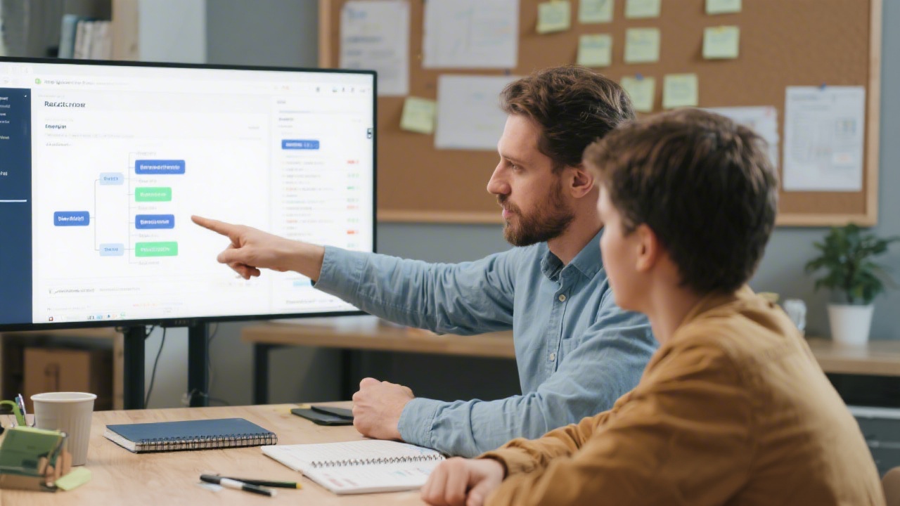 Mentor reviewing a React project with a learner, pointing to component structure and test results, with notebooks and project planning boards visible in the background.